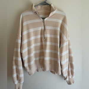 aerie Beige and White Striped Half-Zip Turtleneck Sweater